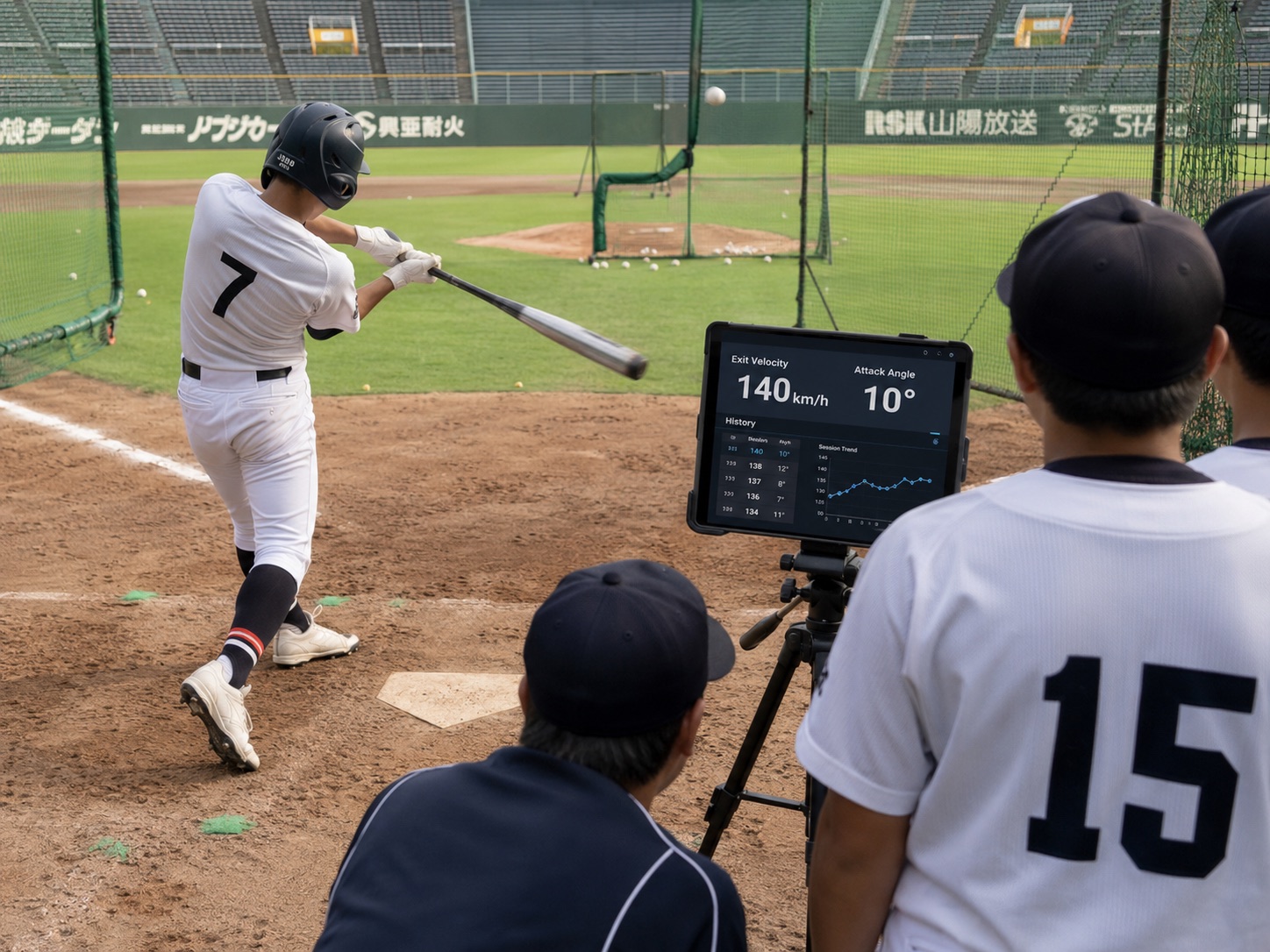 打球データを測定しながらフリー打撃をする中学生選手